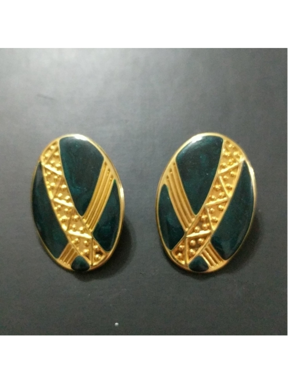 Vintage Gold Tone Blue Green Enamel Oval Stud Statement Earrings
